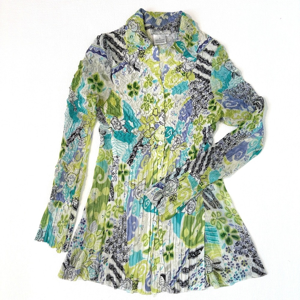 Alberto Makali Shirt Crinkle Popcorn Floral Print Small Green Blue